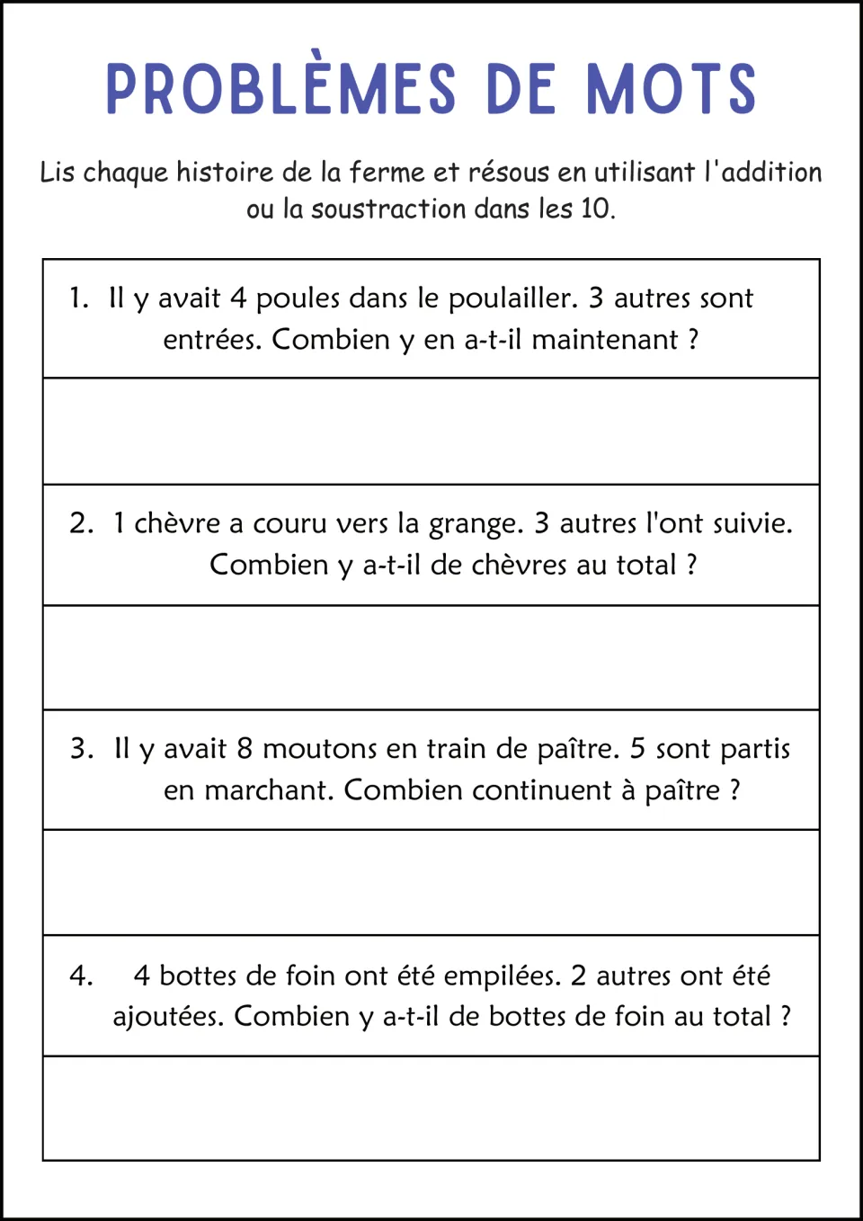 Farm word problems in French: hens, goats, grazing sheep and hay bales in 4 addition and subtraction stories within 10