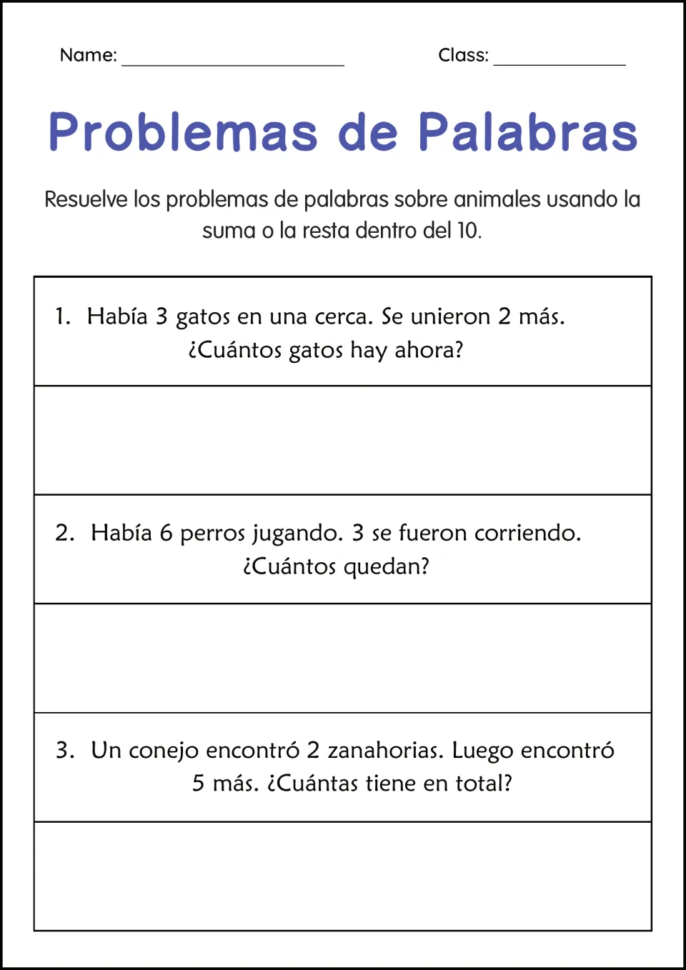 Spanish animal word problems: students add or subtract within 10 to solve 3 stories about cats, dogs and a rabbit