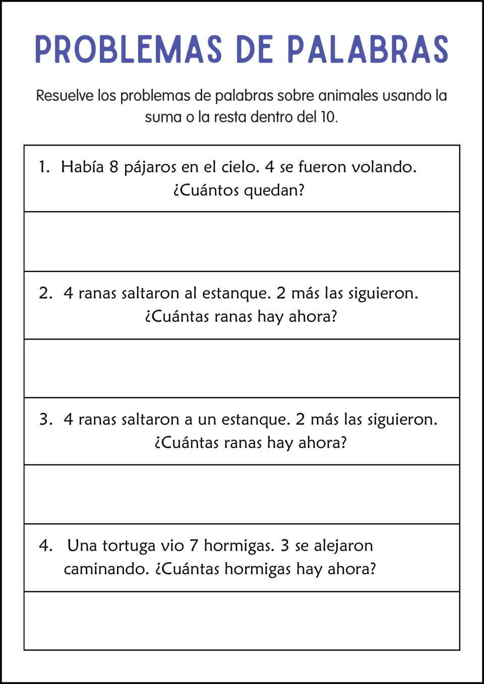 Animal story problems in Spanish: students add or subtract for birds, frogs in a pond (item repeated) and a turtle's ants