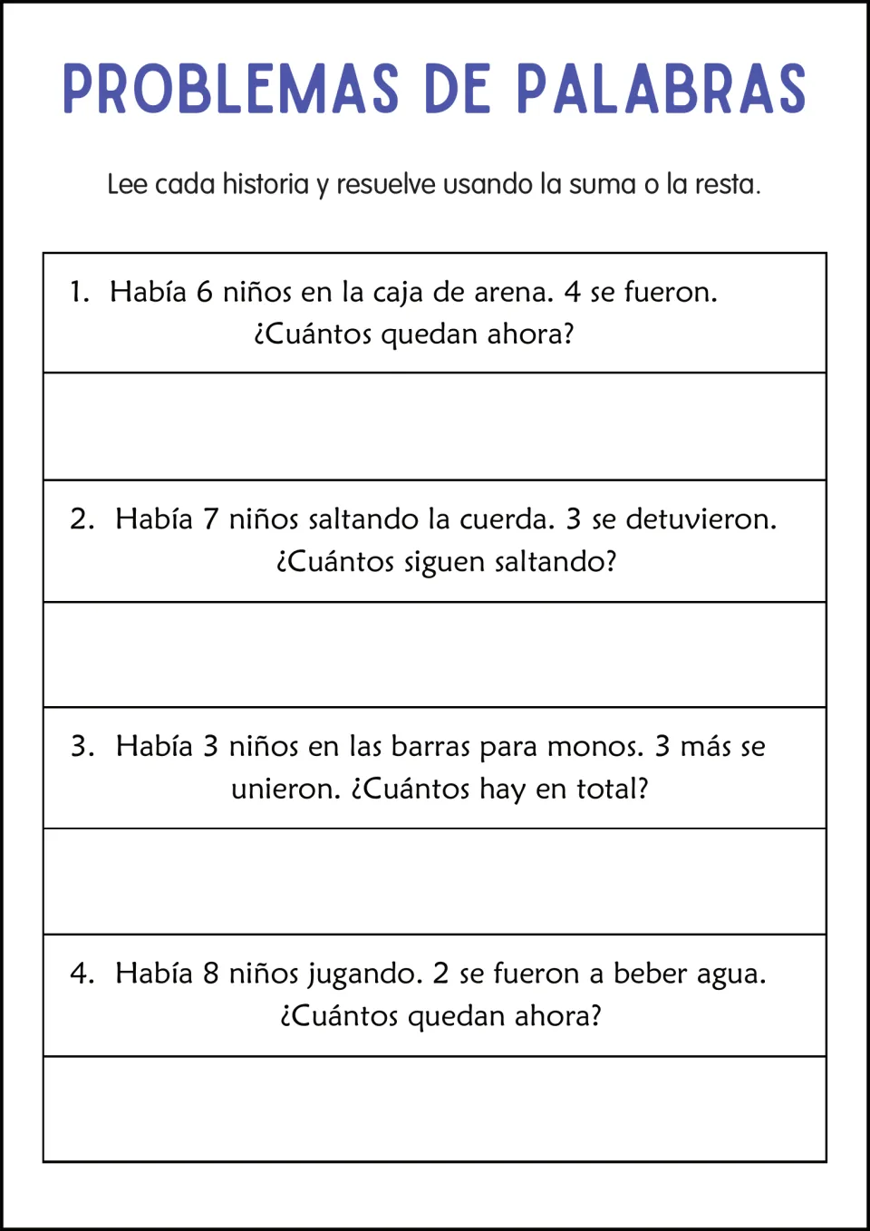 Playground story problems in Spanish: students add or subtract for children in a sandbox, jumping rope and on monkey bars