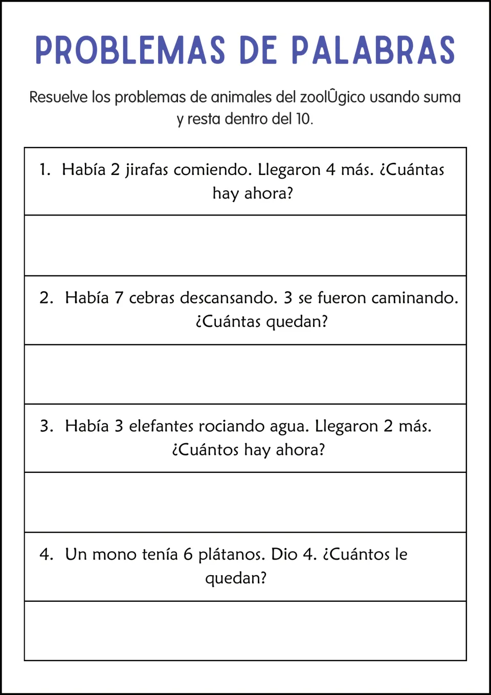 Zoo animal problems in Spanish: students add or subtract within 10 for giraffes, zebras, elephants and a monkey's bananas