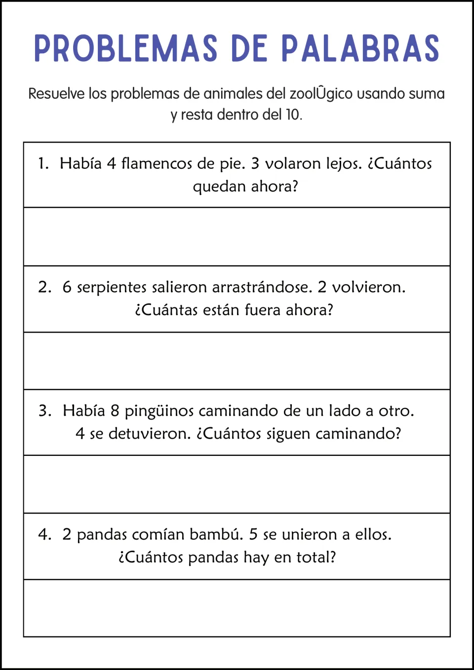 More zoo problems in Spanish: students add or subtract to count flamingos, snakes, penguins and pandas left or in all