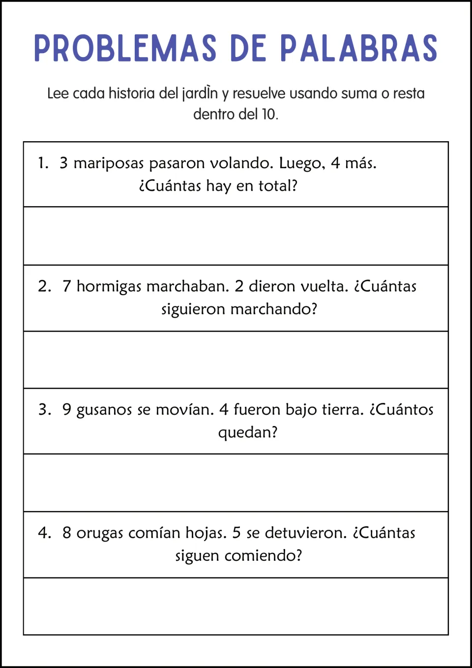 Garden story problems in Spanish: students add or subtract within 10 for butterflies, marching ants, worms and caterpillars
