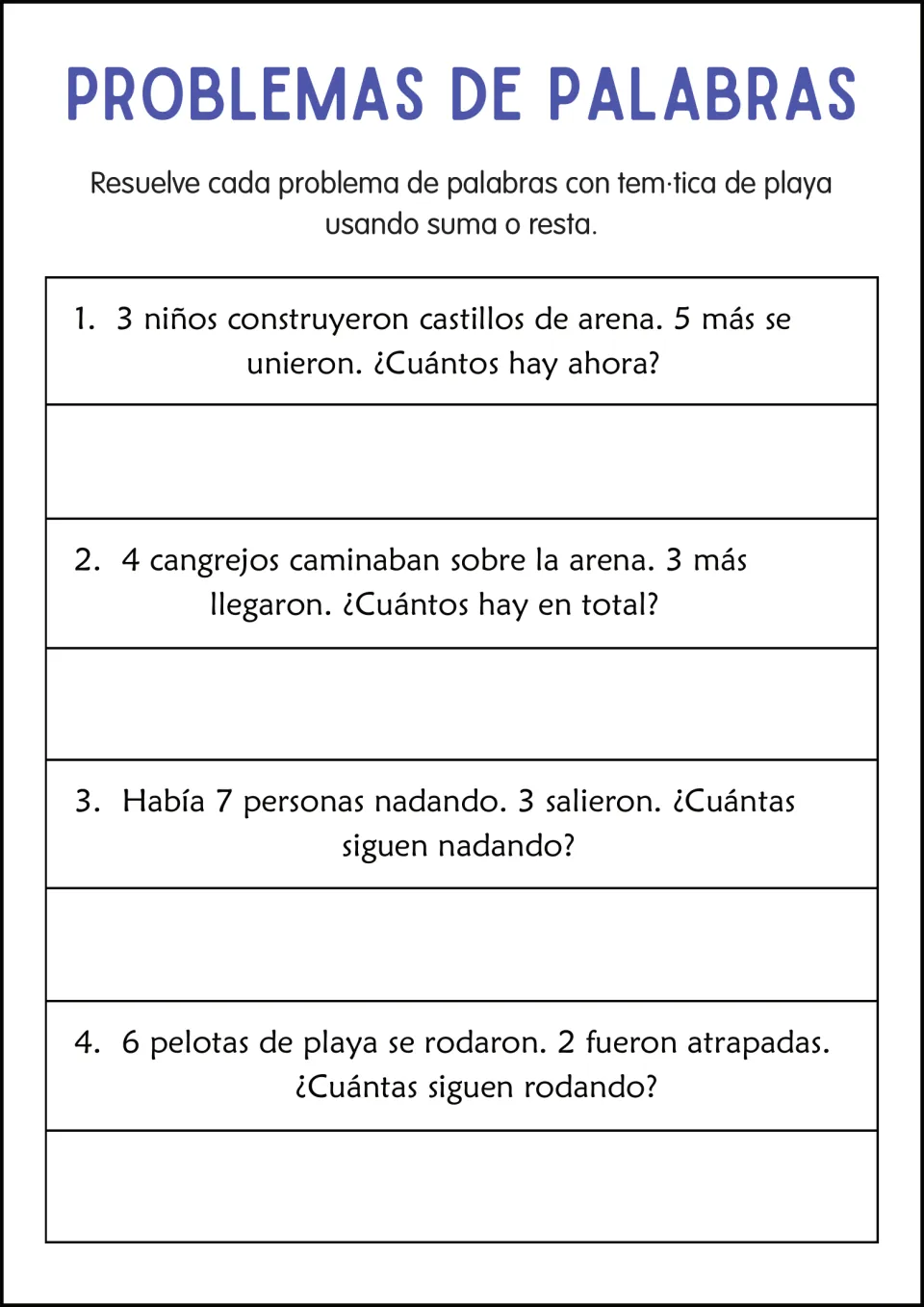 Beach-themed problems in Spanish: students add or subtract for sandcastle builders, crabs, swimmers and rolling beach balls