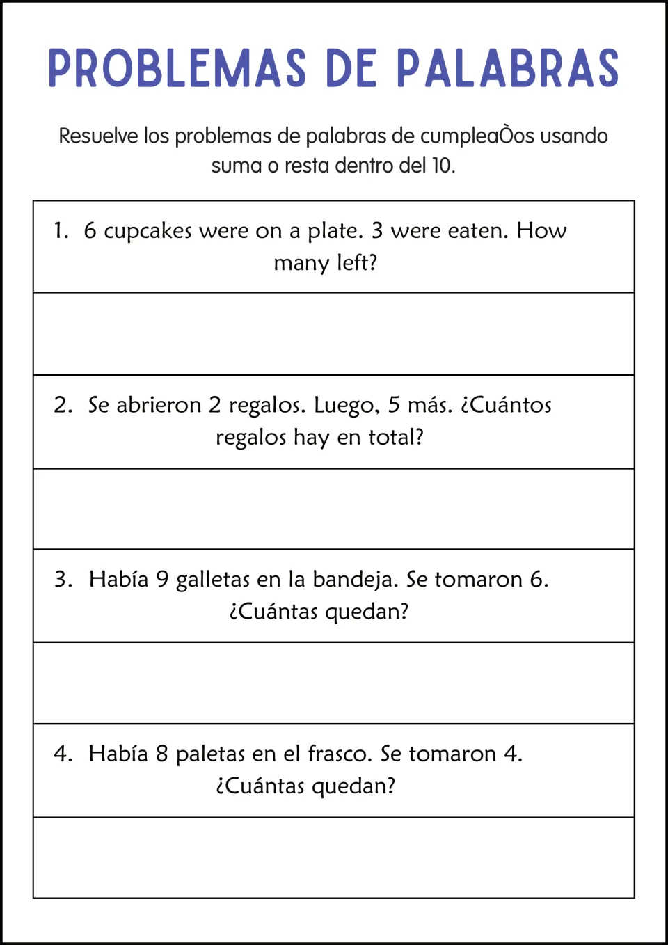 Birthday problems within 10: cupcakes (item 1 printed in English), presents, cookies and lollipops to add or subtract
