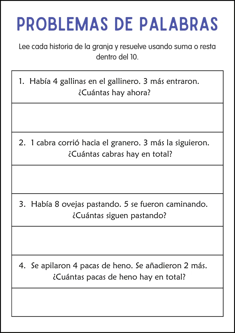 Farm story problems in Spanish: students add or subtract within 10 to count hens, goats, grazing sheep and hay bales