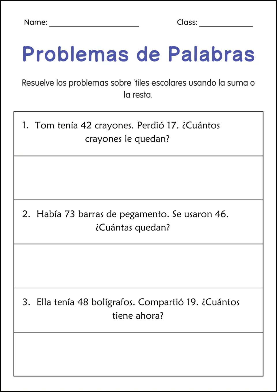 School supplies word problems in Spanish: students add or subtract to solve 3 problems about crayons, glue sticks and pens