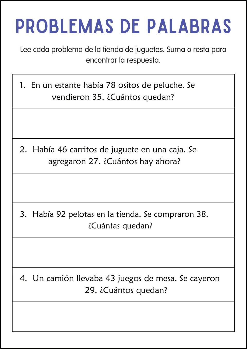 Toy store word problems in Spanish: students solve 4 problems about teddy bears, toy cars, balls and board games