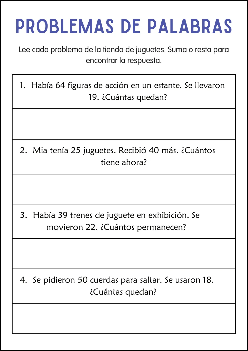 Toy store word problems in Spanish, set two: students solve 4 problems about action figures, toy trains and jump ropes