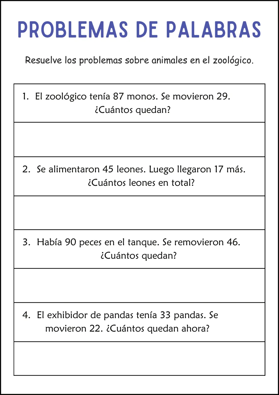 Zoo word problems in Spanish: students add or subtract to solve 4 problems about monkeys, lions, fish and pandas