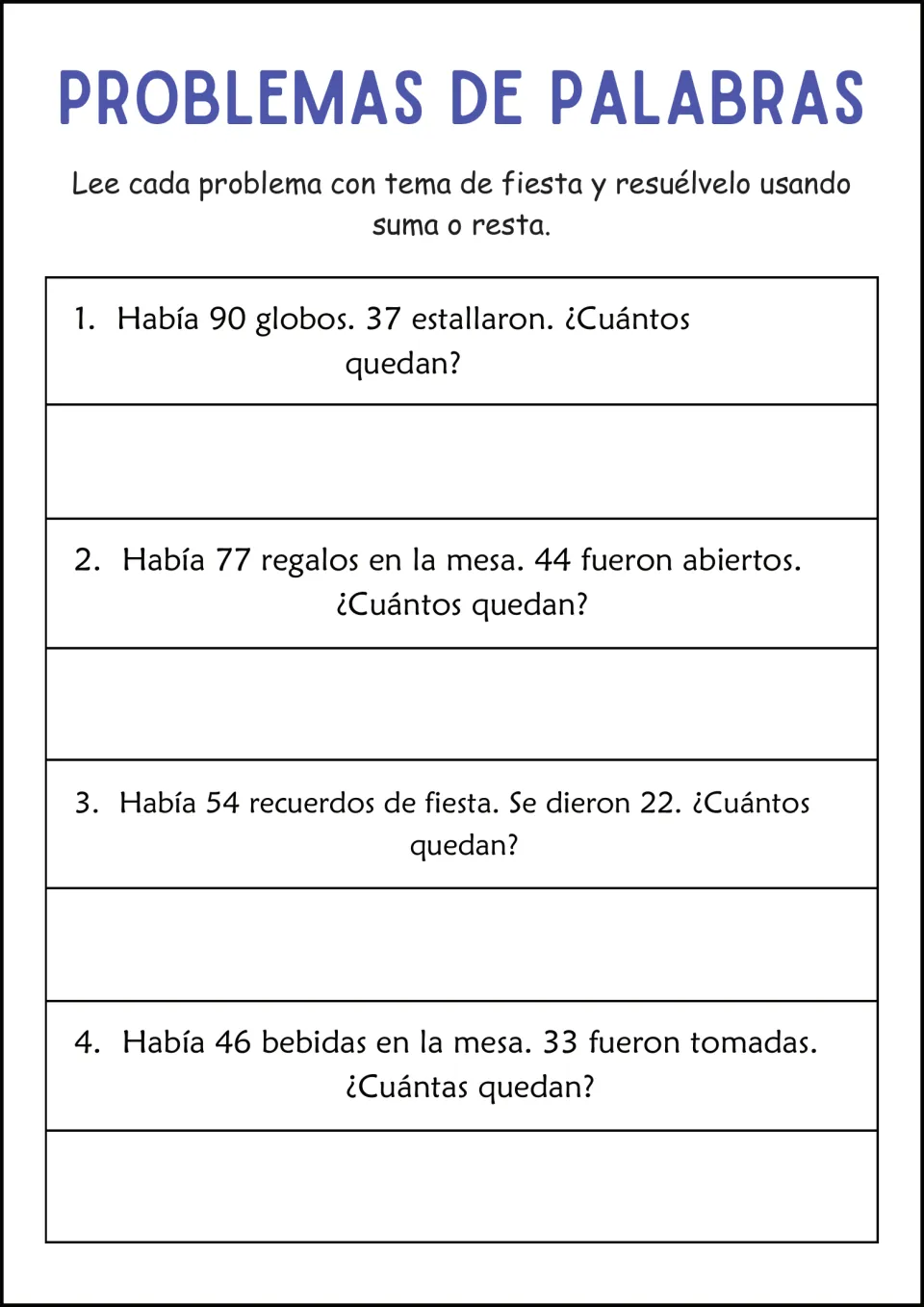 Party word problems in Spanish: students solve 4 problems about balloons, gifts, party favours and drinks