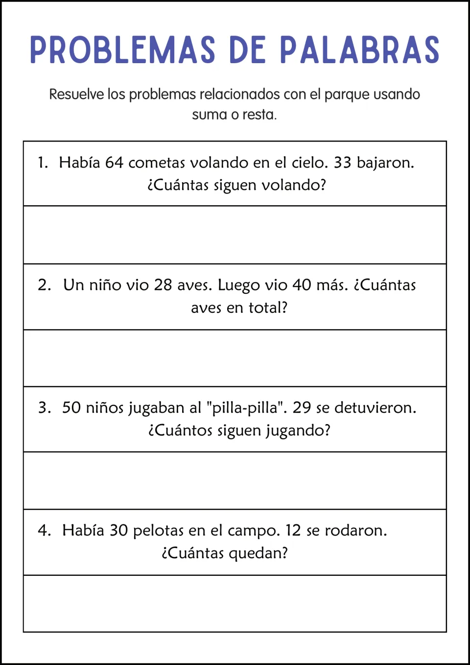 Park word problems in Spanish: students solve 4 problems about kites, birds, a game of tag and balls on a field