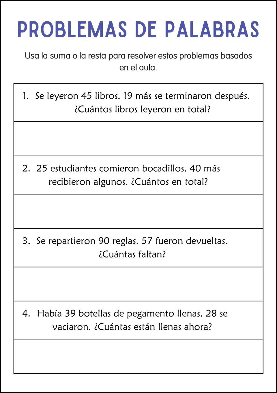 Classroom word problems in Spanish: students solve 4 problems about books, snacks, rulers and glue bottles