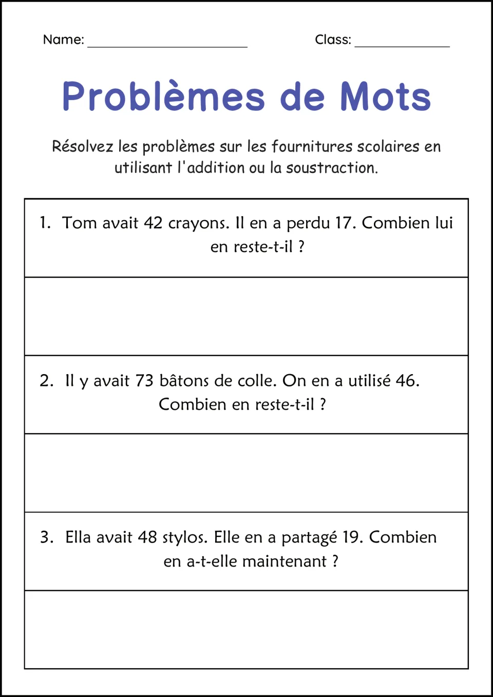 French school supply word problems: subtract 17 from 42 pencils, 46 from 73 glue sticks, and 19 from 48 pens