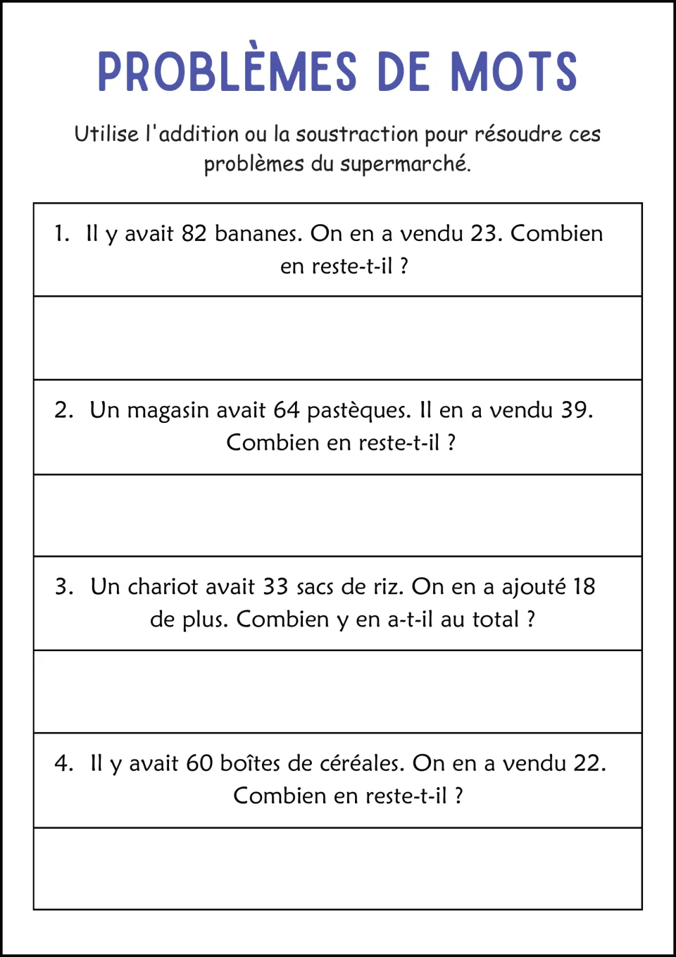 French supermarket word problems: 82 bananas, 64 watermelons, 33 bags of rice, and 60 boxes of cereal