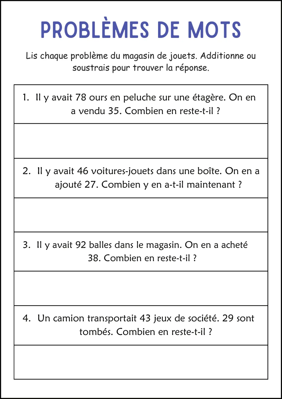 French toy store word problems: 78 teddy bears, 46 toy cars, 92 balls, and a truck carrying 43 board games