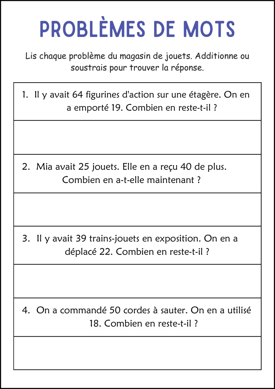 French toy store word problems: 64 action figures, Mia's 25 toys, 39 toy trains, and 50 ordered jump ropes