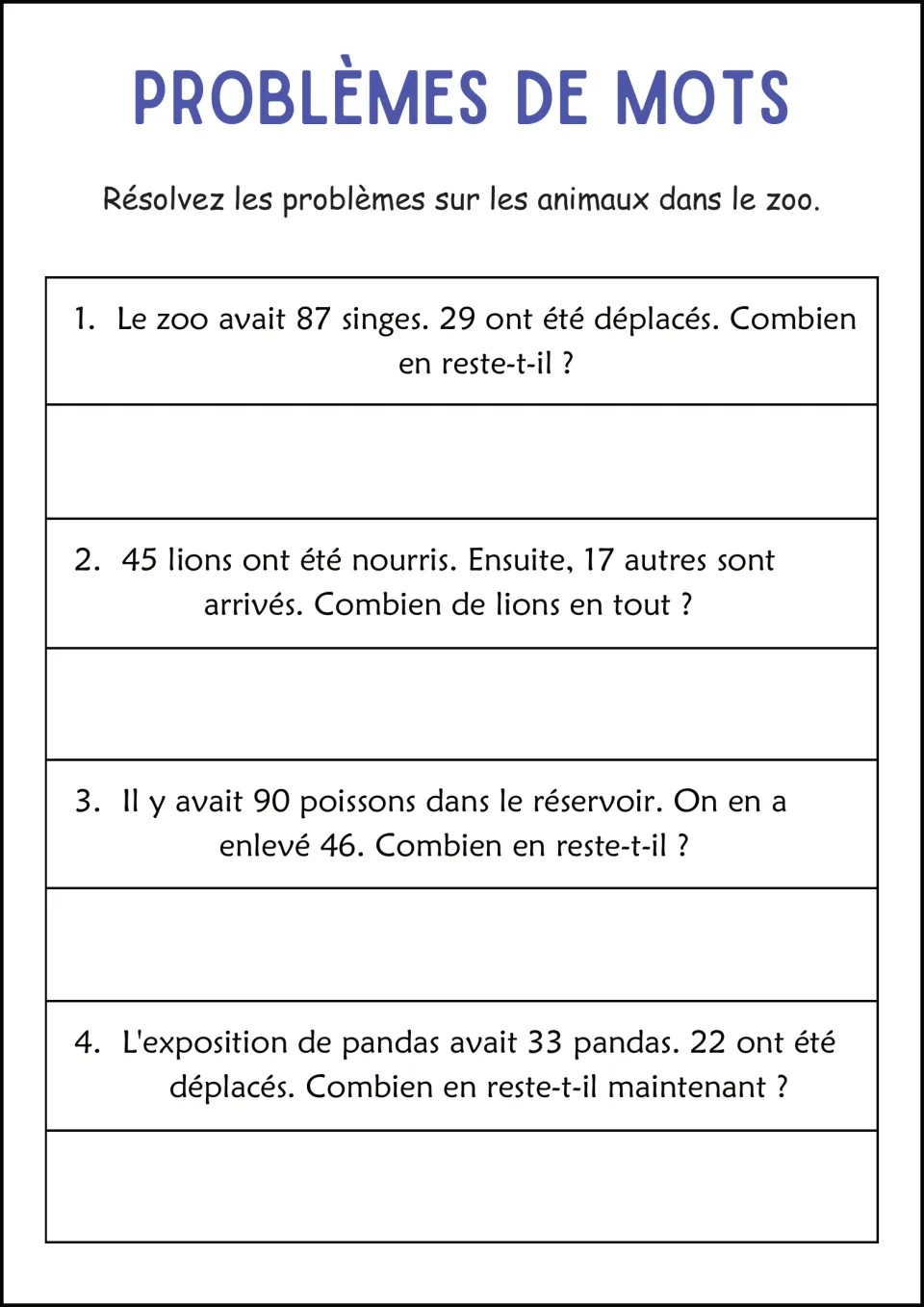 French zoo word problems: subtract from 87 monkeys, 90 fish, and 33 pandas, and add 17 lions to 45 lions