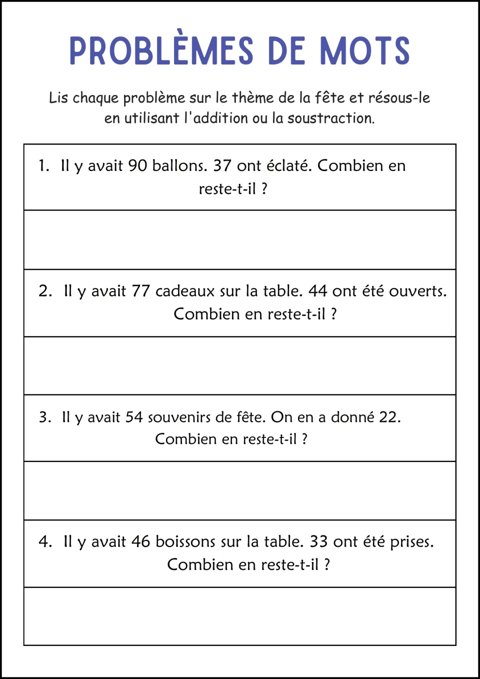 French party word problems: subtraction involving 90 balloons, 77 gifts, 54 party favors, and 46 drinks