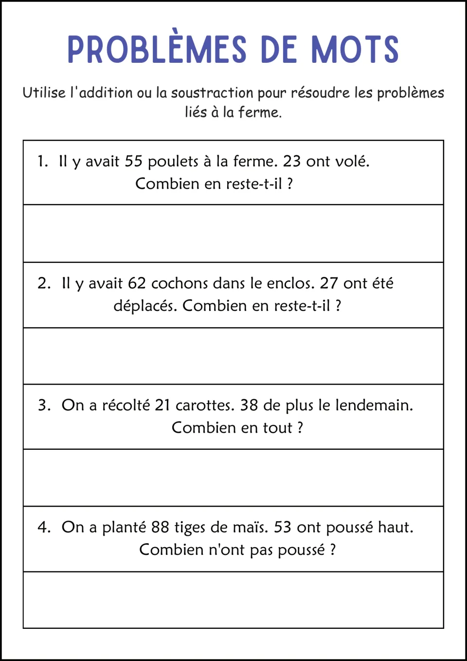 French farm word problems: 55 chickens, 62 pigs, 21 carrots plus 38 more, and 88 corn stalks with 53 grown