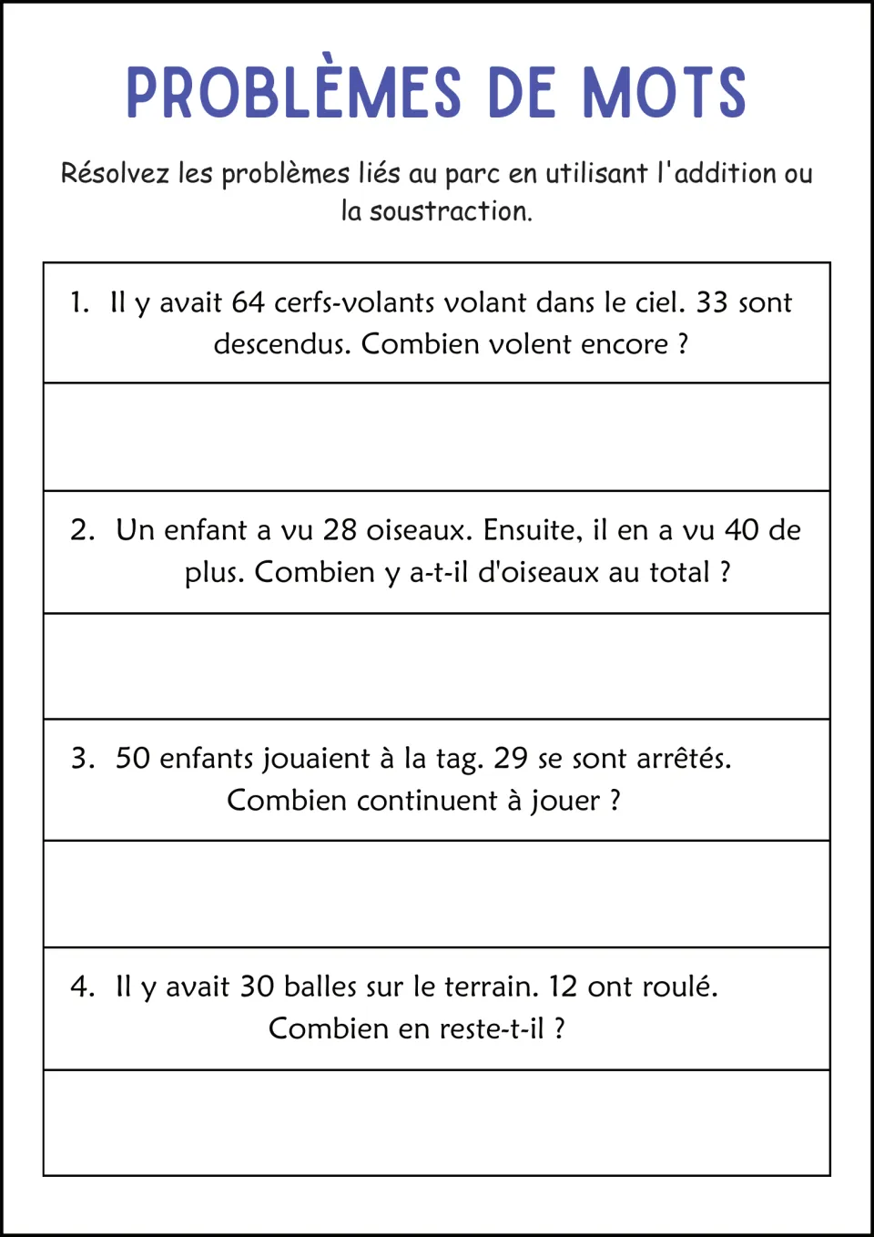 French park word problems: 64 flying kites, 28 birds plus 40 more, 50 children playing tag, and 30 balls