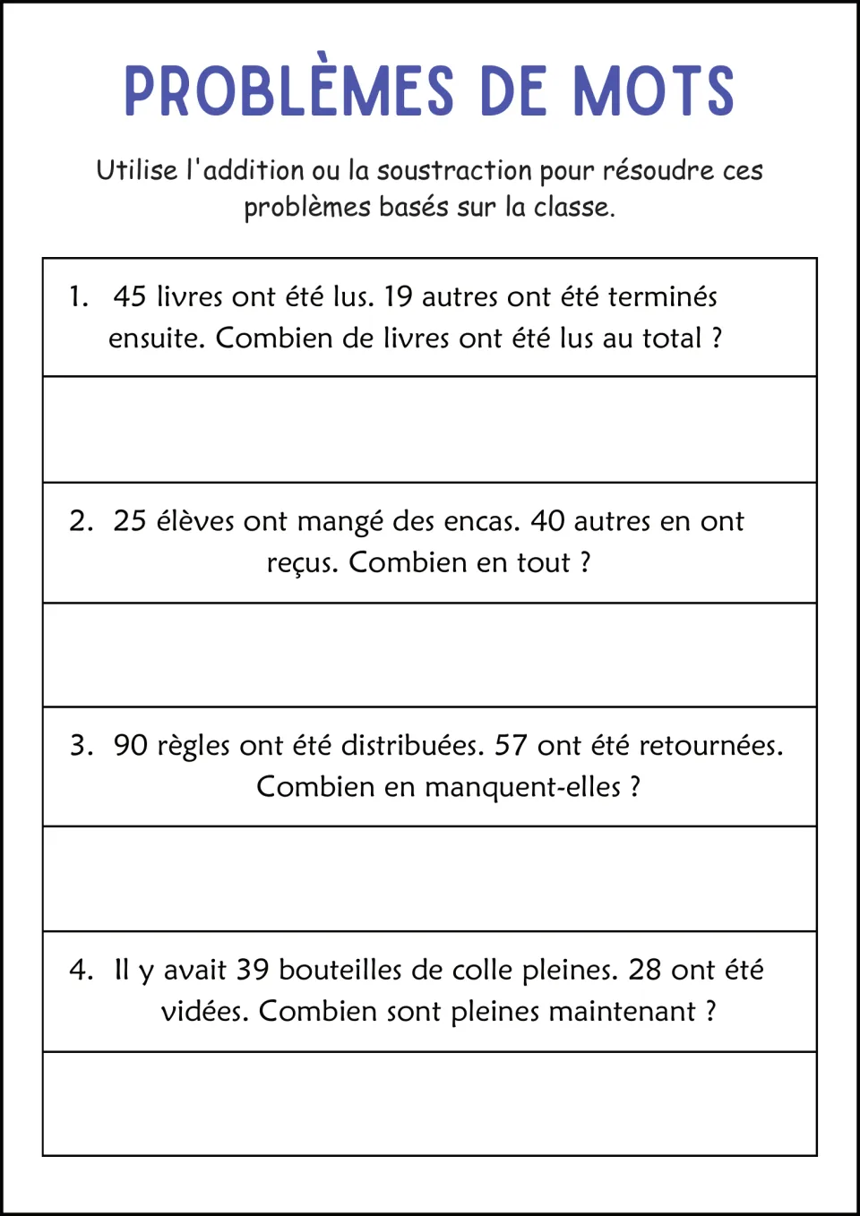 French classroom word problems: books read, students receiving snacks, rulers returned, and glue used