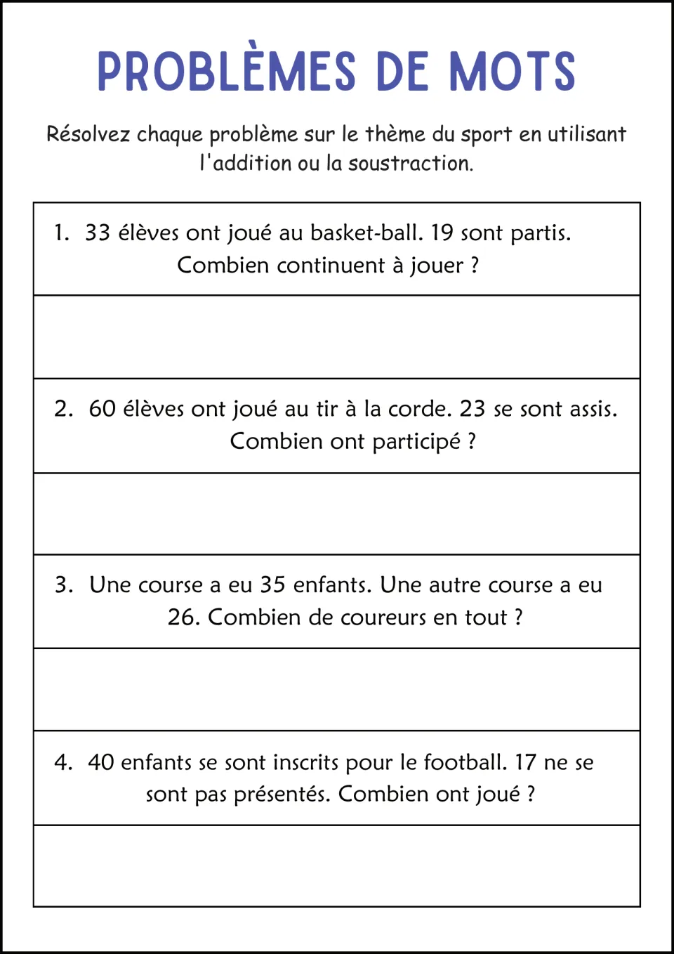 French sports word problems: 33 basketball players, 60 tug-of-war players, two races, and 40 soccer sign-ups