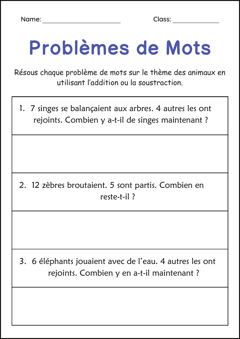French animal word-problem worksheet: 7 monkeys joined by 4, 12 zebras minus 5, and 6 elephants joined by 4