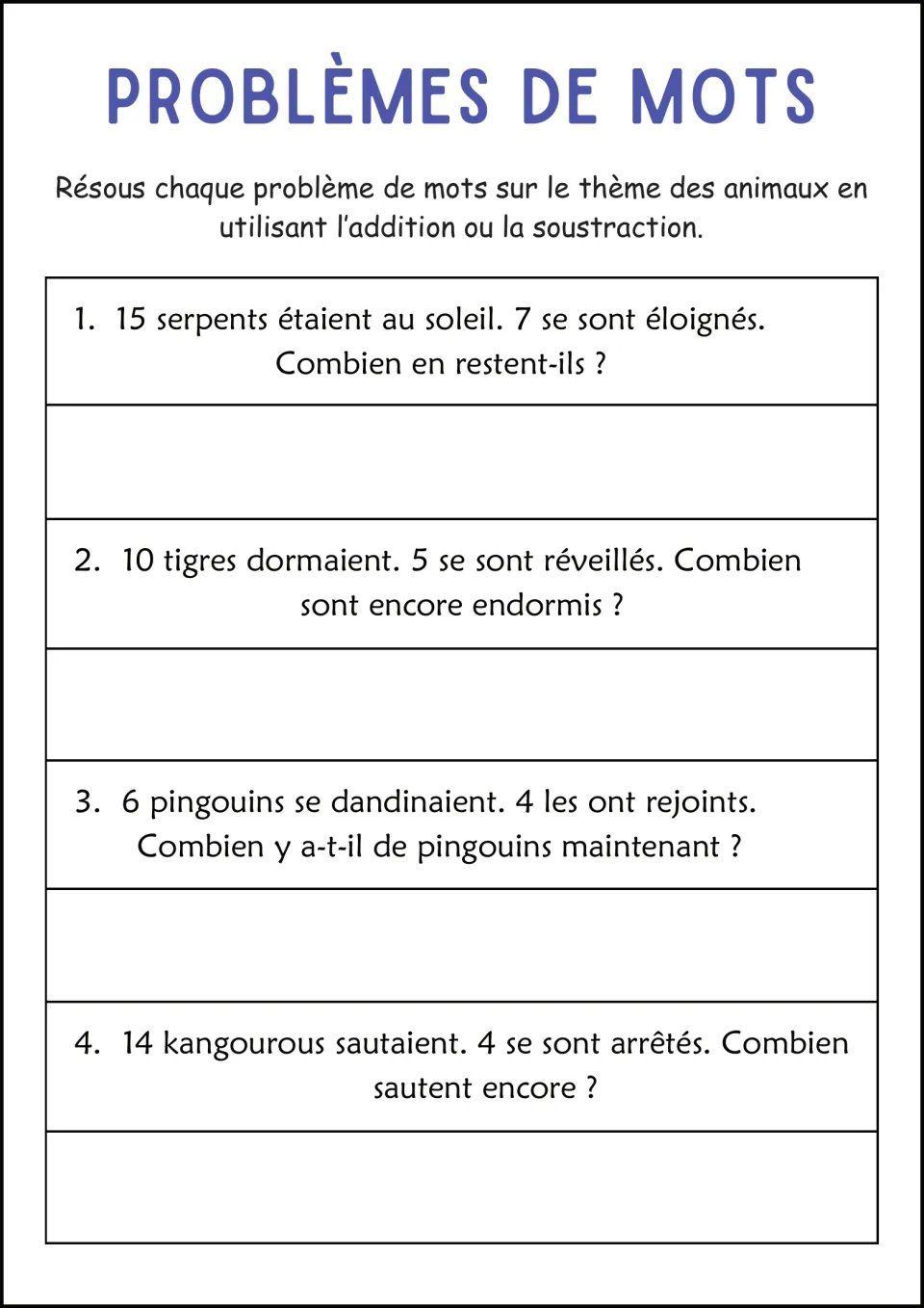 French animal word-problem worksheet: 15 snakes minus 7, 10 tigers minus 5, penguins, and kangaroos