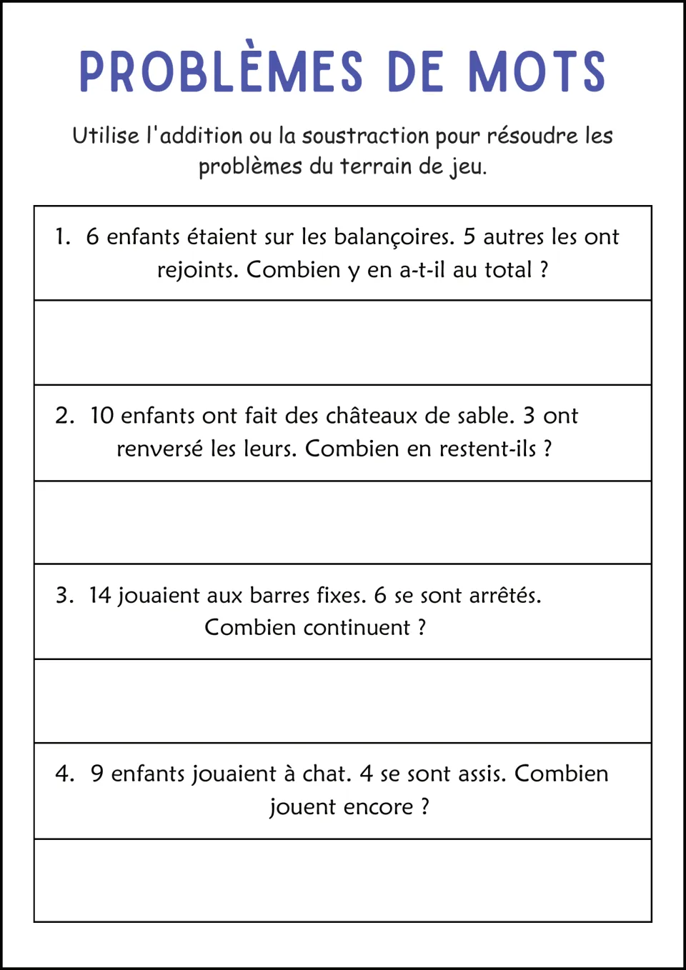French playground word-problem worksheet: 6 children joined by 5 on swings, sandcastles, bars, and tag