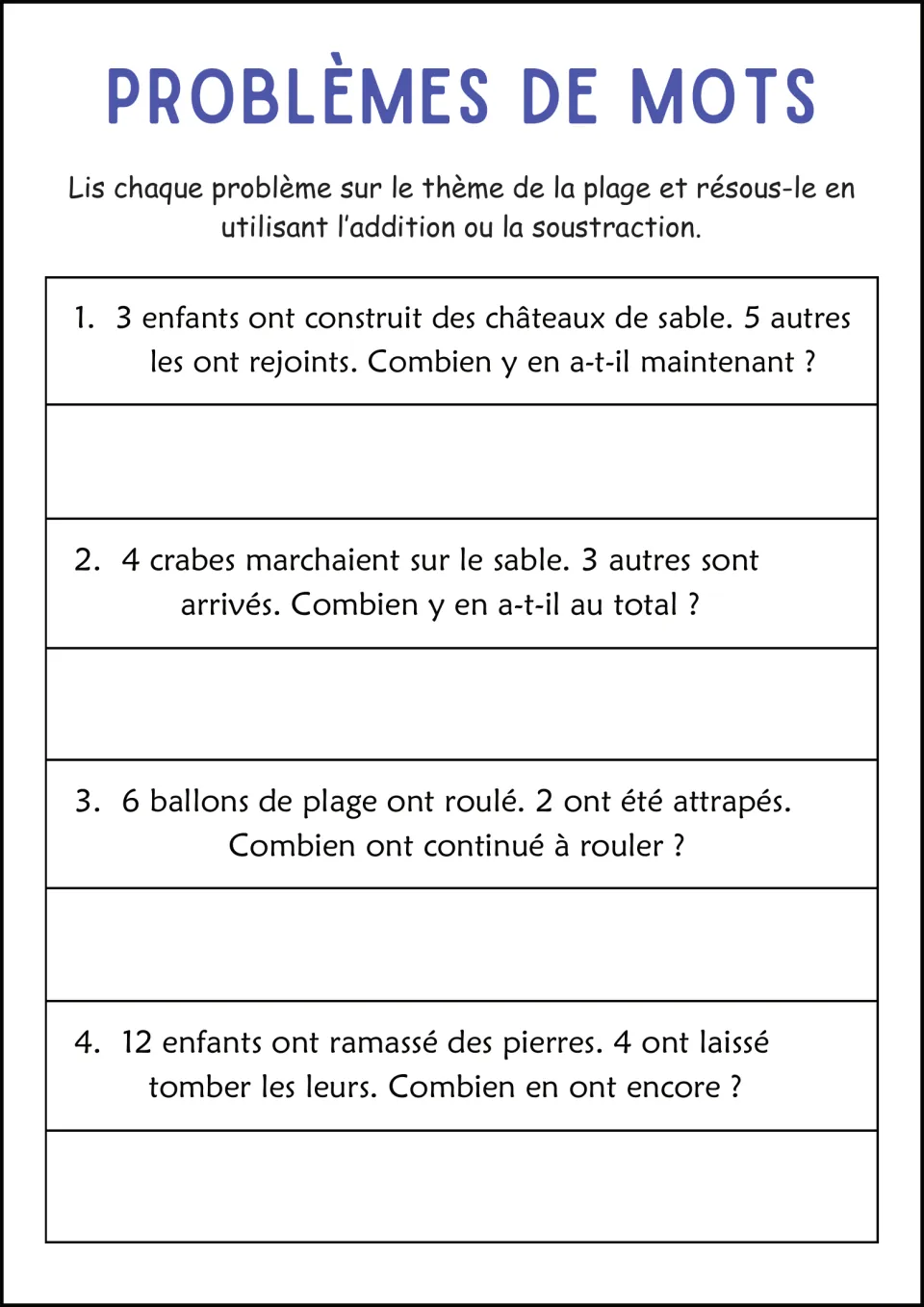French beach word-problem worksheet: children building sandcastles, 4 crabs joined by 3, balls, and stones