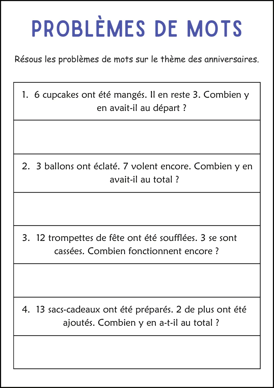 French birthday word-problem worksheet: 6 cupcakes eaten and 3 left, balloons, party horns, and gift bags