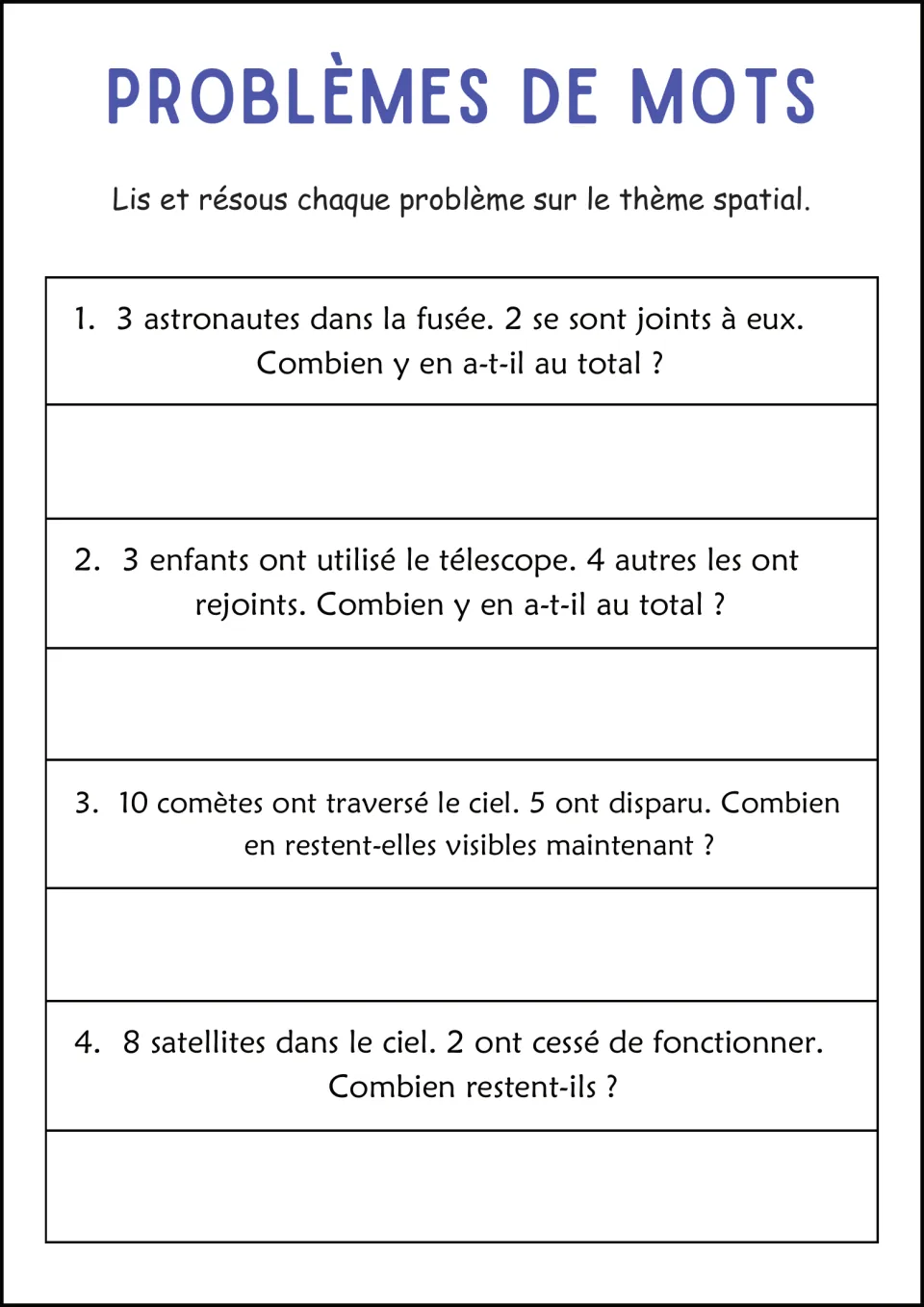 French space word-problem worksheet: 3 astronauts joined by 2, telescope users, comets, and satellites