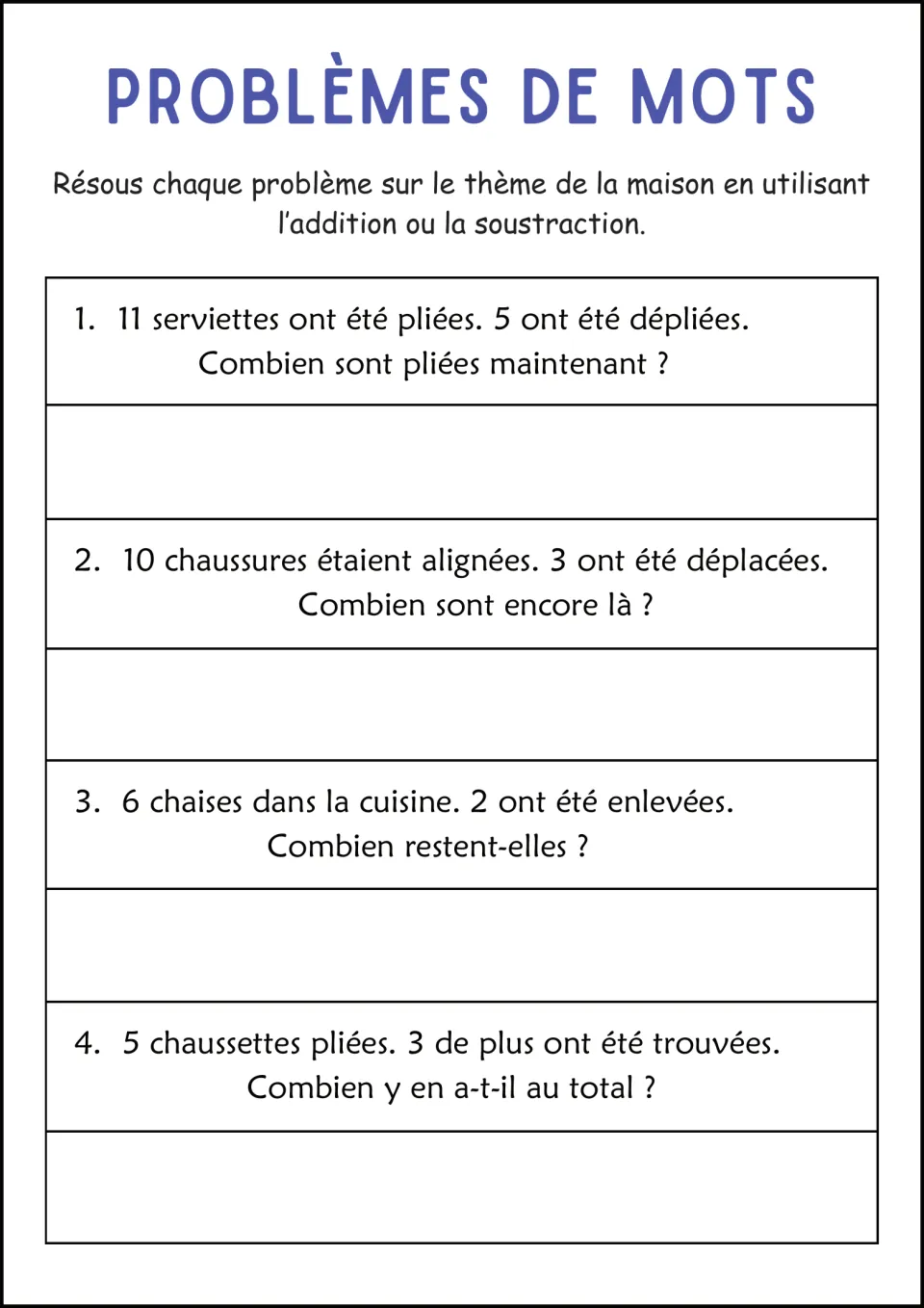 French home word-problem worksheet: 11 folded towels minus 5, 10 shoes minus 3, chairs, and socks