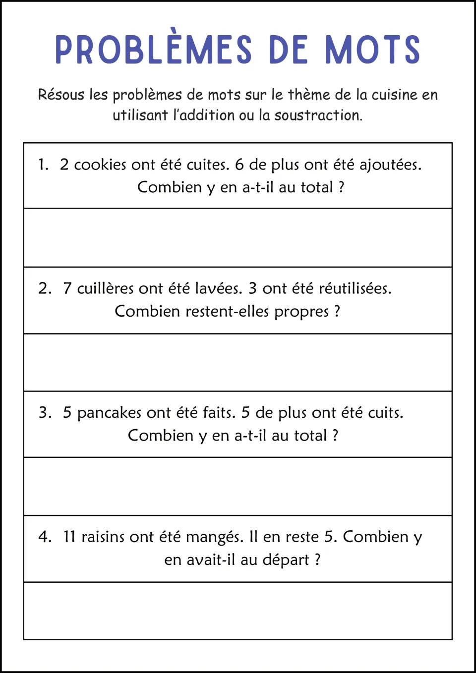 French kitchen word-problem worksheet: cookies, clean spoons, pancakes, and 11 grapes eaten with 5 left