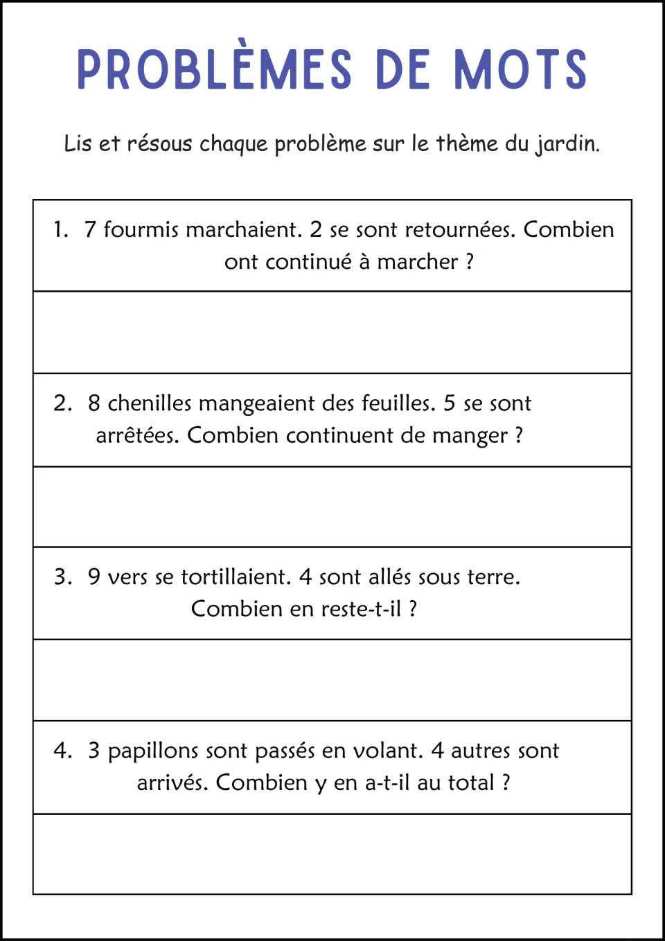 French garden word-problem worksheet: 7 ants with 2 turning back, caterpillars, worms, and butterflies