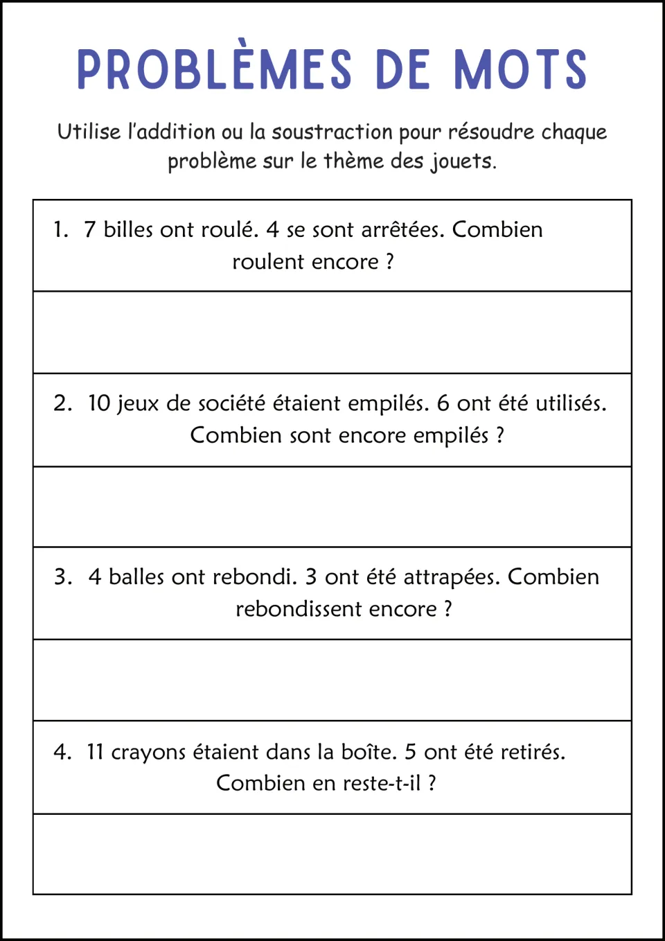 French toy word-problem worksheet: 7 marbles with 4 stopping, stacked board games, balls, and pencils