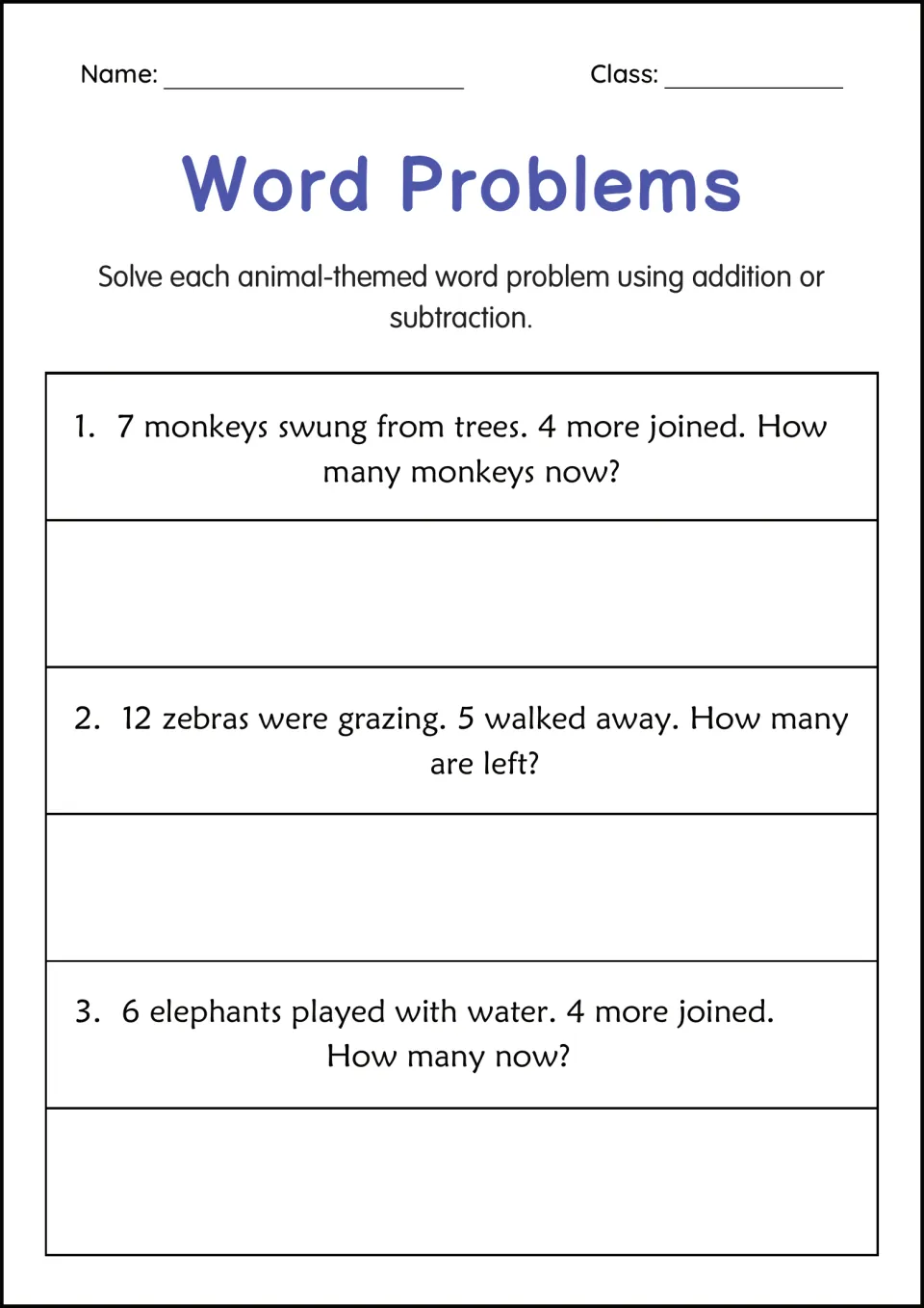Animal word problems: students add or subtract to solve 3 stories about monkeys swinging, zebras grazing and elephants