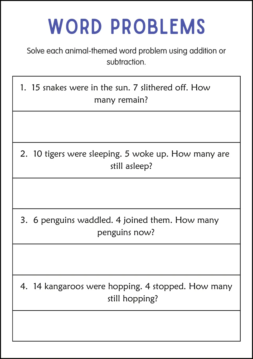 More animal stories: students solve 4 problems on snakes in the sun, sleeping tigers, waddling penguins and kangaroos