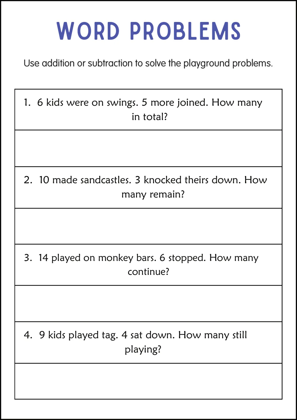 Playground word problems: students solve 4 stories about swings, sandcastles, monkey bars and kids playing tag