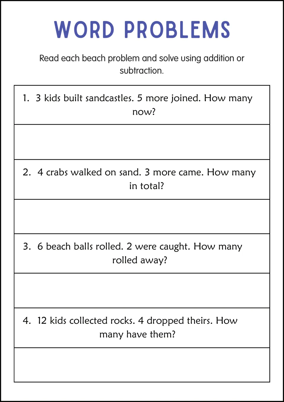 Beach story problems: students add or subtract to find sandcastle builders, crabs, rolling beach balls and rock collectors