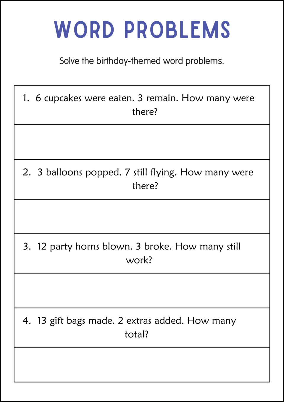 Birthday party problems: students find starting amounts of cupcakes and balloons, then solve party horn and gift bag items