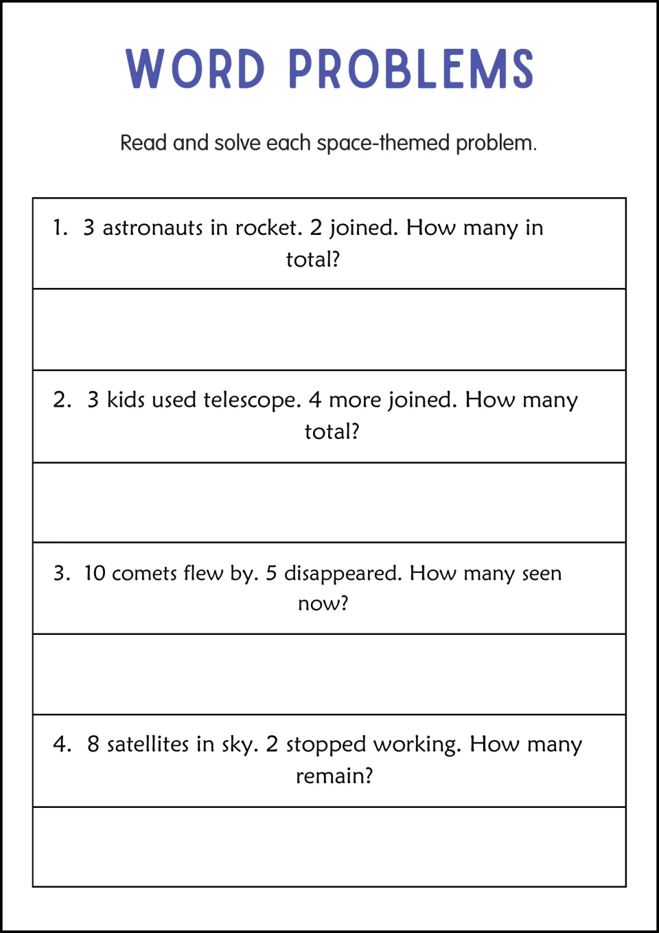 Space-themed problems: students solve 4 stories about astronauts in a rocket, kids at a telescope, comets and satellites