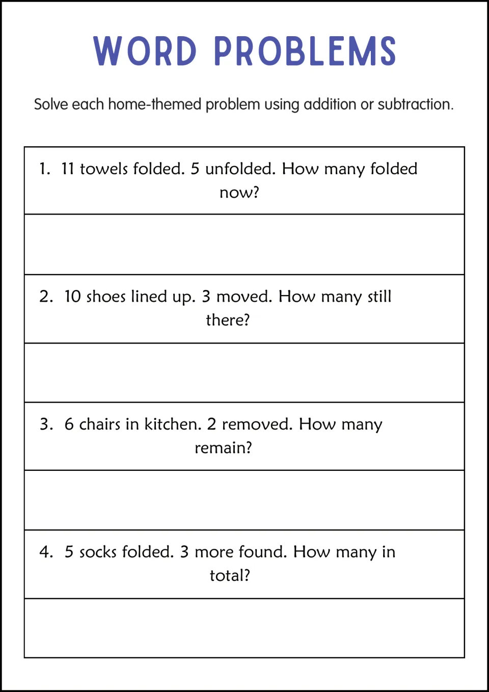 Home-themed problems: students add or subtract with folded towels, lined-up shoes, kitchen chairs and socks found