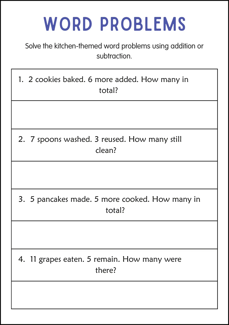Kitchen story problems: students total cookies and pancakes, find clean spoons and work out how many grapes there were