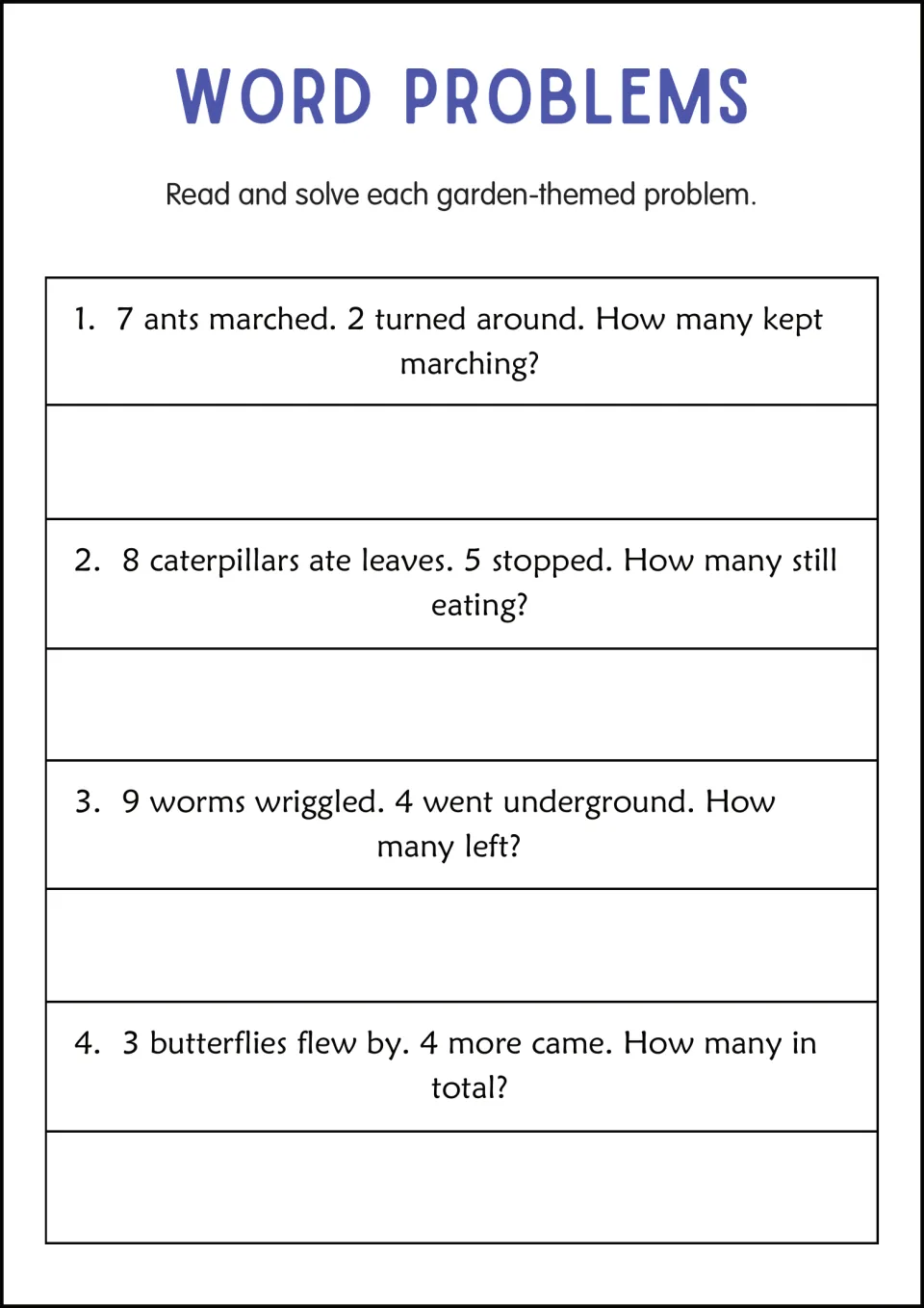 Garden bug problems: students solve 4 stories about marching ants, caterpillars eating leaves, worms and butterflies