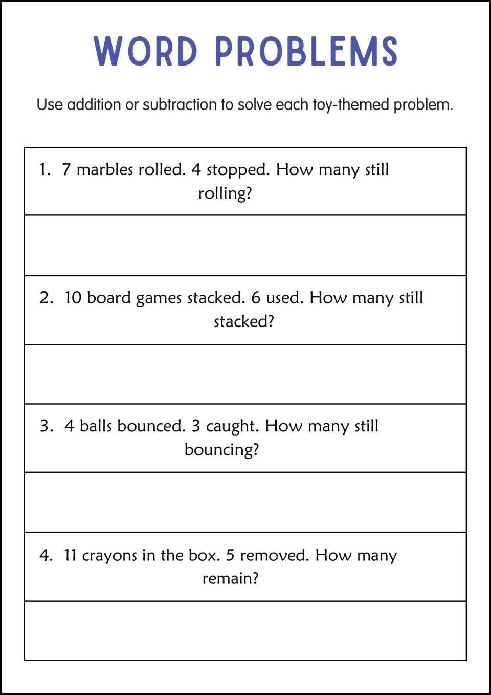 Toy-themed problems: students subtract to find marbles still rolling, games still stacked, balls bouncing and crayons left