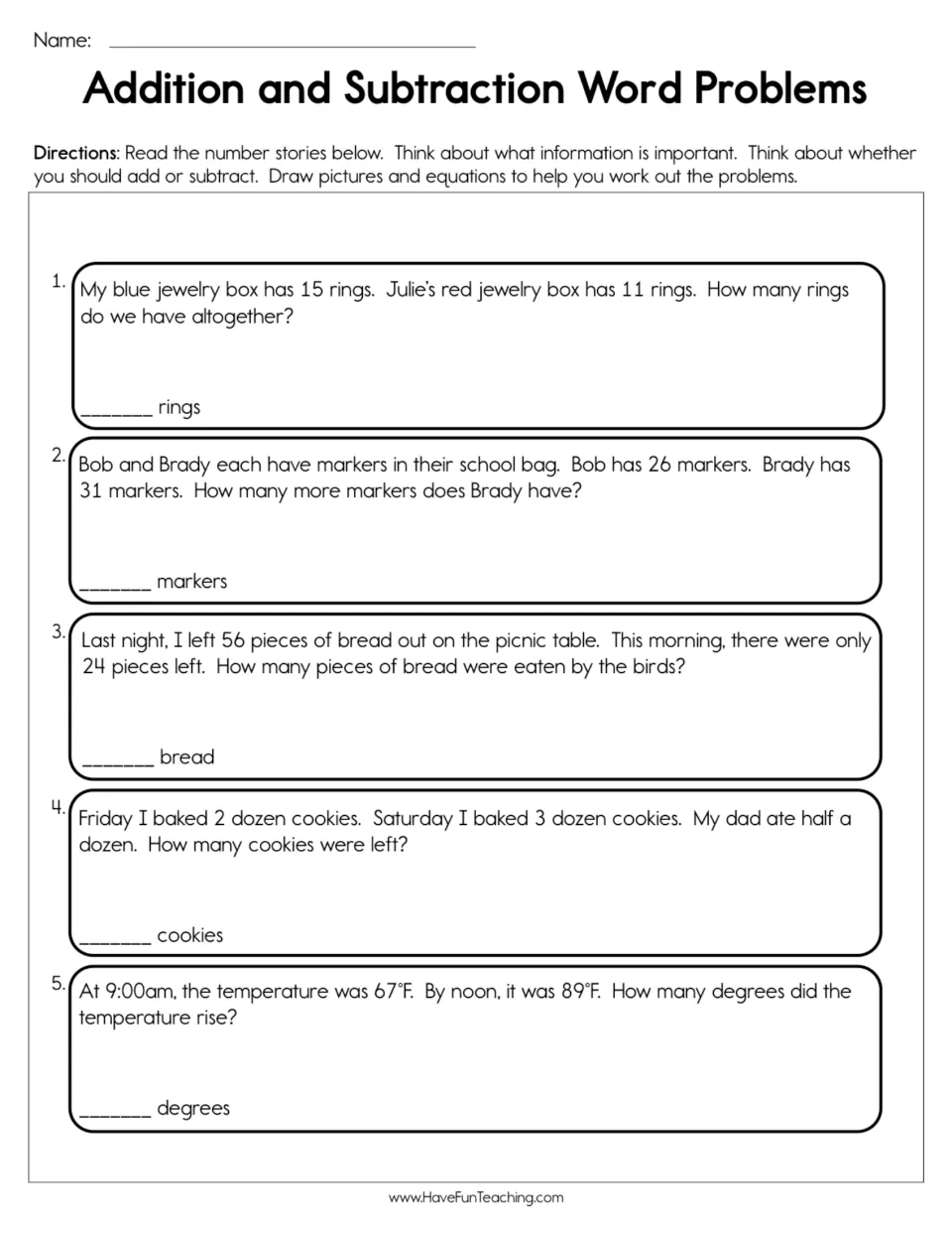 Number stories: students decide to add or subtract to solve 5 problems about rings, markers, bread, cookies and degrees