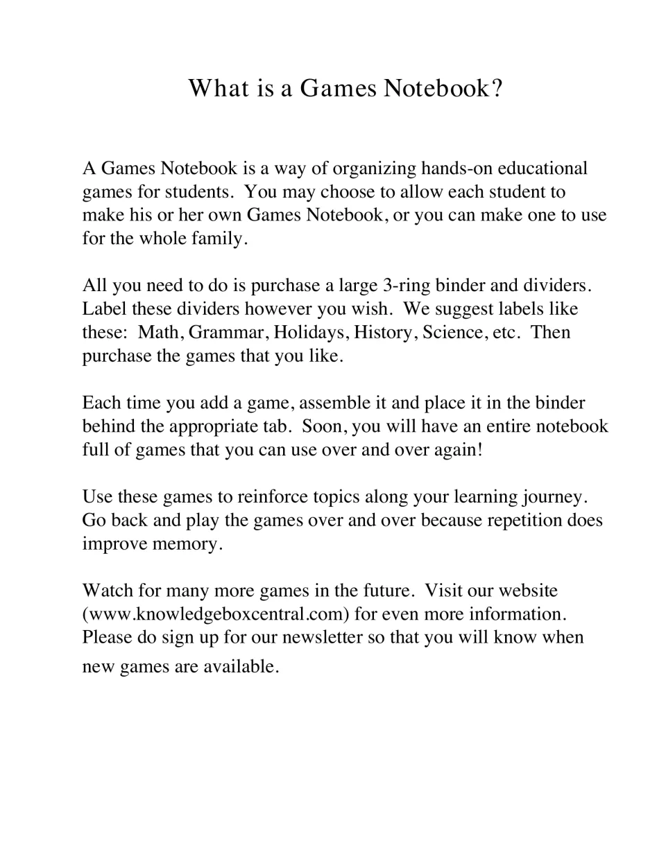 What is a Games Notebook? Explains storing hands-on games in a 3-ring binder with labeled dividers like Math