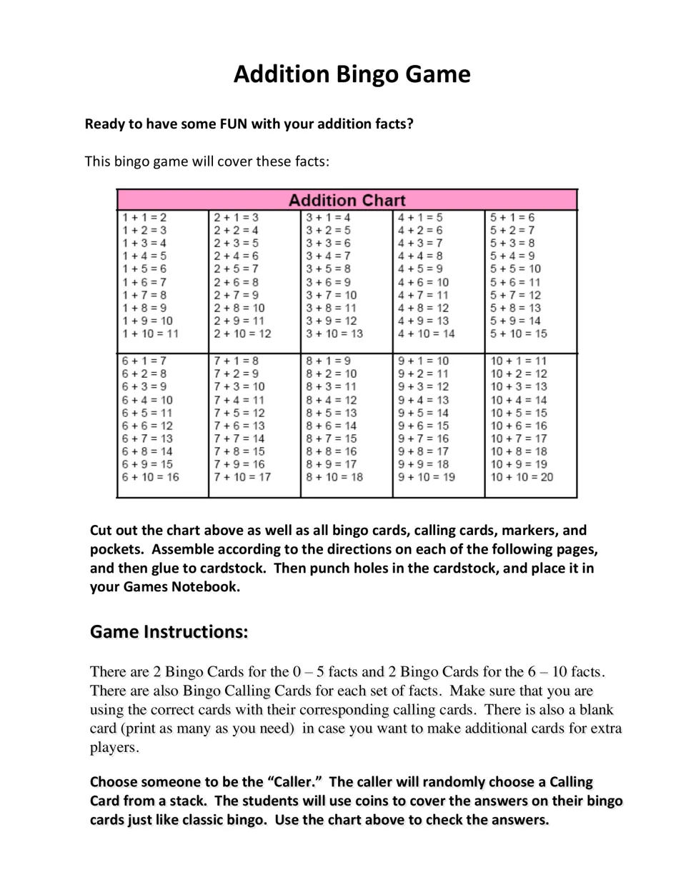 Addition facts chart from 1+1 to 10+10 with sums, plus setup steps and caller rules for playing with coins as markers